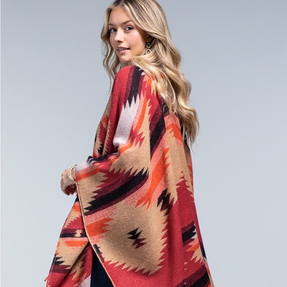 NWOT, Western Aztec Wrap, Ruana, Poncho, Shawl, Cape, One Size Fringe Oversized - Picture 5 of 13